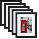 PEALSN 8x10 Picture Frame Set of 5, Display Picture 5x7 with Mat or 8x10 Without Mat, Black Woodgrain