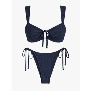 ZAFUL Women's Cinched Bikini Solid Color Wave Textured Knotted Tied Side Two Piece Swimsuit Bathing Suits M