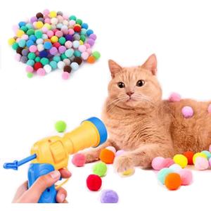 100pcs Cat Toy Ball Launcher Set Fun Colorful Plush Self Play Toys Pom Balls Shooting Interactive for Indoor Cats Enrichment Kittens Puff Playing (Launcher with 100 Pieces Ball)