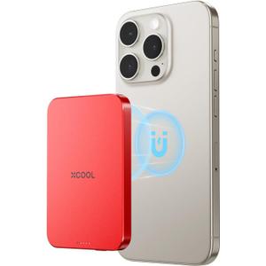 Magnetic Phone Charger, 5000mAh Ultra-Slim Magnetic Power Bank, Magnetic Portable Charger with USB-C Cable and Kickstand, Battery Pack Compatible with iPhone 16/15/14/13/12 Series and More, Red