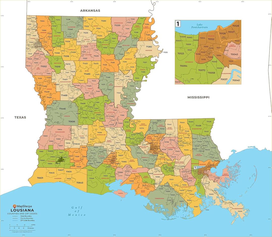 Louisiana ZIP Code Map with Counties - Large - 48" x 42" Laminated