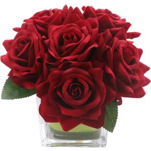 Fule Artificial Velvet Rose Flower Centerpiece Arrangement in vase for Home Wedding Decoration (Burgundy)