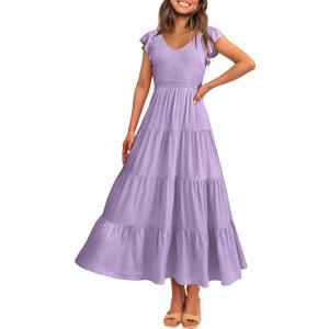PRETTYGARDEN Women's Summer Flowy Maxi Dress Casual Cap Sleeve V Neck Smocked Beach Sundress (Purple, S)