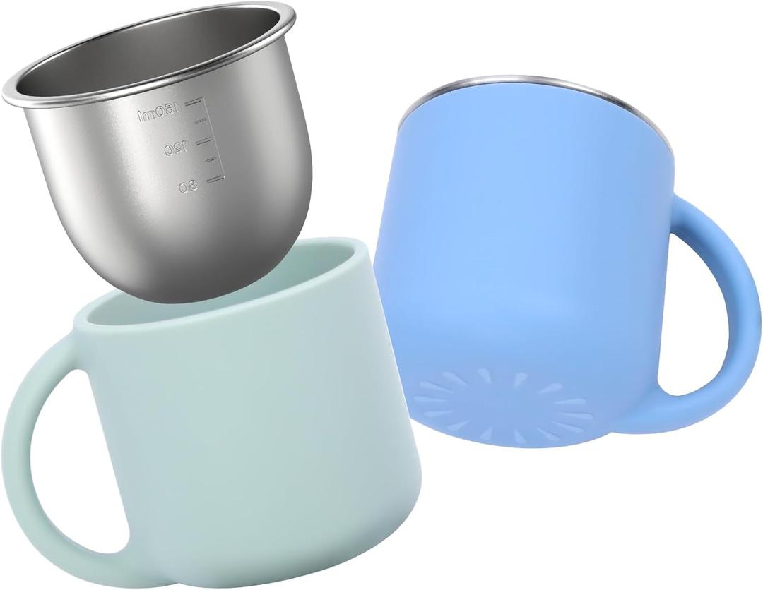 Bakpoco 2-IN-1 Open Toddler Cups, Stainless Steel Baby Cup + Silicone Training Cup for Toddlers Kids Babys, No Plastic | No Soap Smell | Shock-Proof Feeding Essentials, 2-Pack Blue/Sage