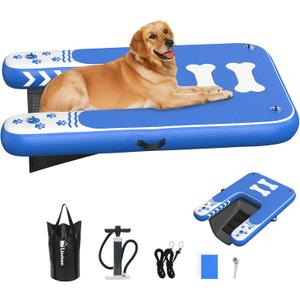 Dog Boat Ramp for Dogs Up to 240 lbs, Inflatable Dog Water Ramp | Dog Dock Ramp with Anti-Slip EVA Foam Safe & Easy Water Access, Dog Ramp for Boat, Pools, Lakes, Boats, Docks, Blue & White