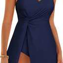GRACE KARIN Women's One Piece Swim Dress V Neck Tummy Control Swimsuit Vacation Beachwear Bathing Suit, S