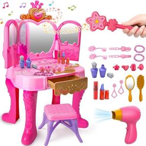 Toddler Vanity Magic Makeup Set Table & Chair Girl Toy Automatically Mirror with Music Pretend Play Princess Dress Up Playset Valentine Gift age 3-5