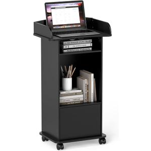 Podium Stand with Wheels Wooden Lectern Podium Stand Portable Pulpit Standing with Storage Mobile Reception Podiums Desk for Church Office School Conference Restaurant Meeting, Black