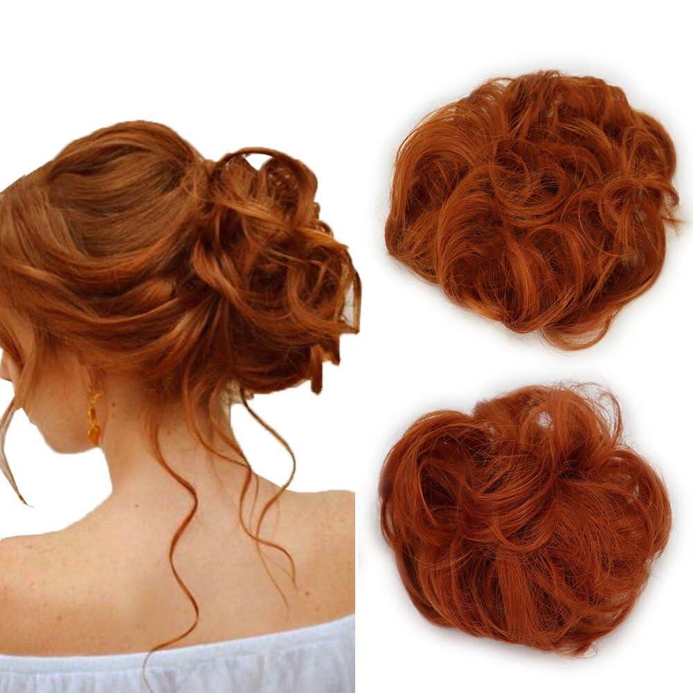iLUU 2pcs/pack Orange Red Hair Bun Extensions Wavy Curly Messy Synthetic Chignon Hairpiece Easy Bun Hair Pieces for Women Hair Updos for Women Girl - #119B Orange Red Copper Red