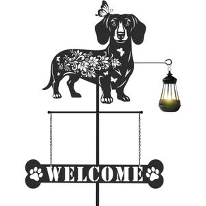 Dachshund Gifts Garden Stakes - Metal Yard Art Decor Waterproof Welcome Sign with Solar Light Dog Statues Outdoor for Patio Lawn Pathway Backyard Birthday Gift for Women Wife Dogs Lover