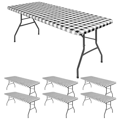 REWOMC 6 Pack Buffalo Rectangle Picnic Table Cloth, Elastic Fitted Vinyl Tablecloths, Flannel Backed Waterproof Plaid Table Covers for Dining, Camping, Outdoor (Black and White, 30" x 96")