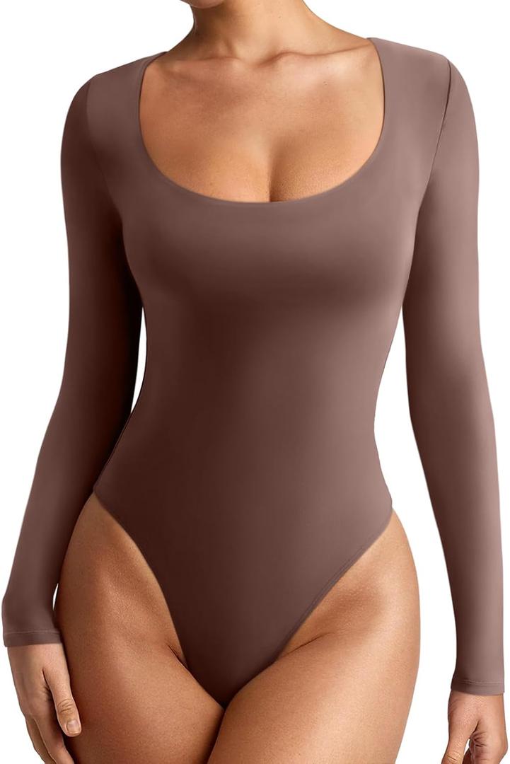 REORIA Women's Sexy Basic Scoop Neck Long Sleeve Double Lined Layering Slim Bodysuit Tops (Coffee, S)