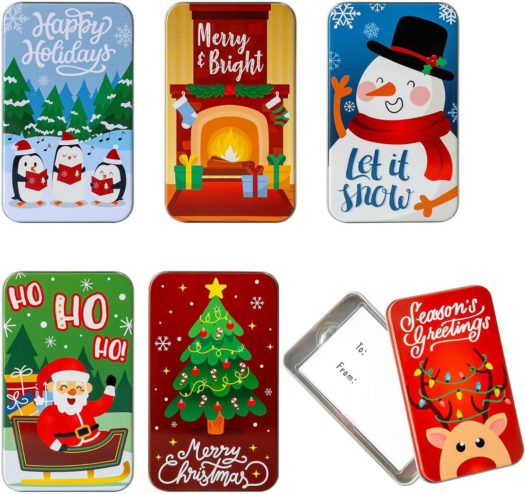 JOYIN 6PCS Gift Card Holder Boxes Christmas, 4.33 x 2.6 x 0.6 Tins Money Cash Holders Unique for Xmas Holiday Birthday Present Decor, Party Favors Silver Coin Boxes with Lids in 6 Designs