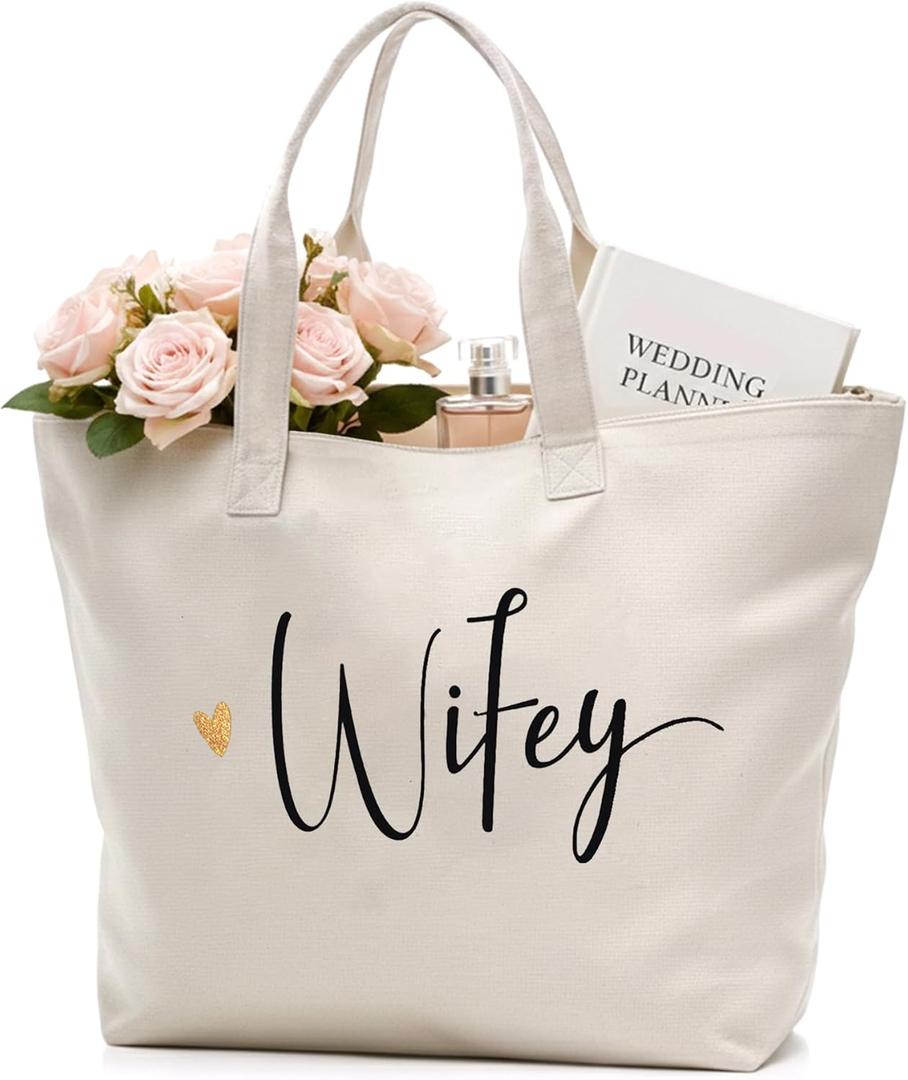 CARAKNOTS Wifey Bag Bride Gifts for Wedding Bridal Shower Honeymoon Anniversary Bachelorette Party Gifts for Bride to be Wife Canvas Beach Shoulder Tote Bag with Zip and Pocket