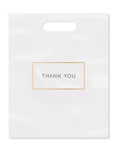Purple Q Crafts Die Cut Plastic Shopping Bags with Thank You Logo 12" x 15" Boutique Bags with Handles 100 Pack for Merchandise, Gifts, Trade Shows and More
