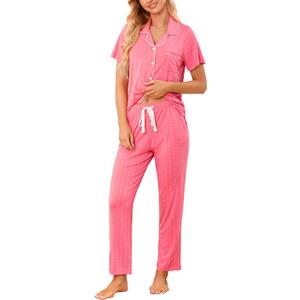 Samring Women Pajamas Sets 2 Piece Short Sleeve Soft Sleepwear Pjs Lounge Set Button Down Nightwear with Long Pants (L)