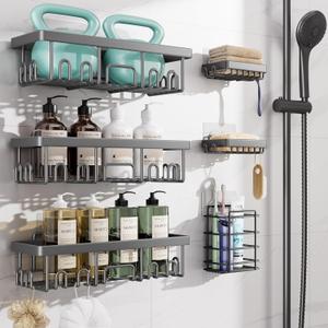 Veken Rustproof & Waterproof Shower Caddy 6-Pack, No Drilling Adhesive Shelves Rack with Soap Holder, Large Capacity Bathroom Organizers and Storage, Wall-Mounted Kitchen & Home Decor, Dark Grey (6-Piece Set for Master Bathroom(Rustproof Upgrade))