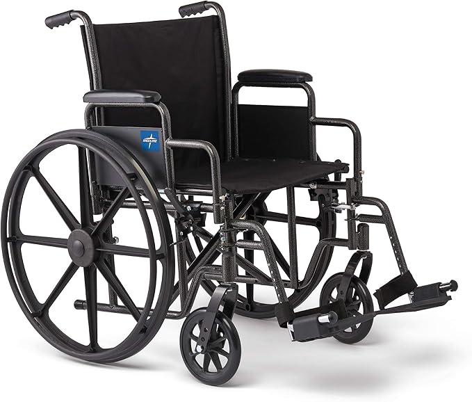 Medline Comfortable Folding Wheelchair with Swing-Back Desk-Length Arms and Swing-Away Footrests, 20”W x 16”D Seat