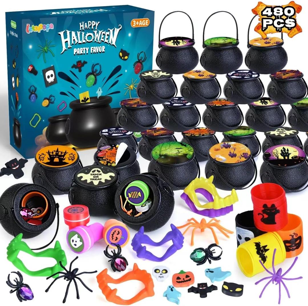 480 PCS Halloween Party Favors for Kids, 60 Pack Prefilled Small Plastic Witch Cauldron With Assorted Halloween Toy In Bulk, Miniatures for Kids Trick or Treat, Halloween Classroom Rewards
