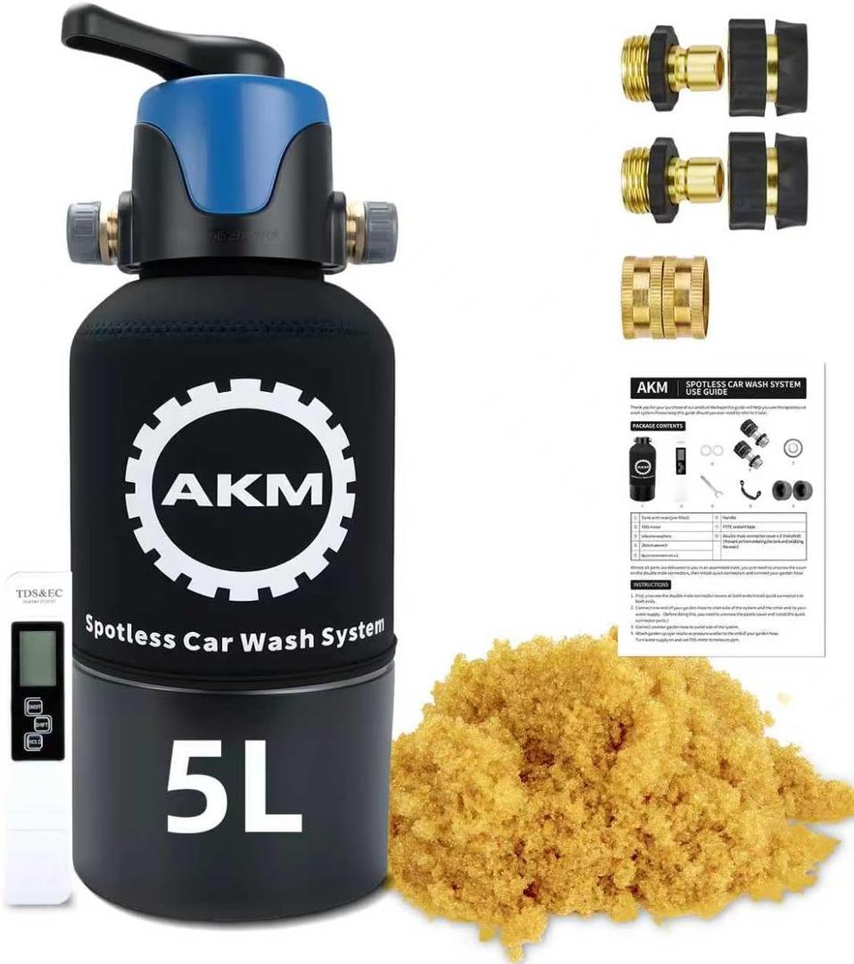 AKM Spotless Water System for car wash,Pre-Filled with DI 5L Resin, DI Water System,Garden Hose Quick Connector, Deionized Water System for RV, Vehicles, Motorcycles, Bikes, Boats,, Water Deionizer 5L with BYPASS