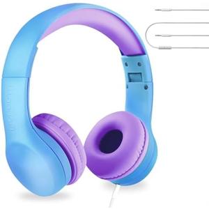 LilGadgets Connect+ Wired Kids Headphones for School with Microphone, Noise & Volume Limiting On-Ear Headset with Cord, SharePort Technology & SoftTouch Padding, Blue/Purple, Kids Headphones with Cord