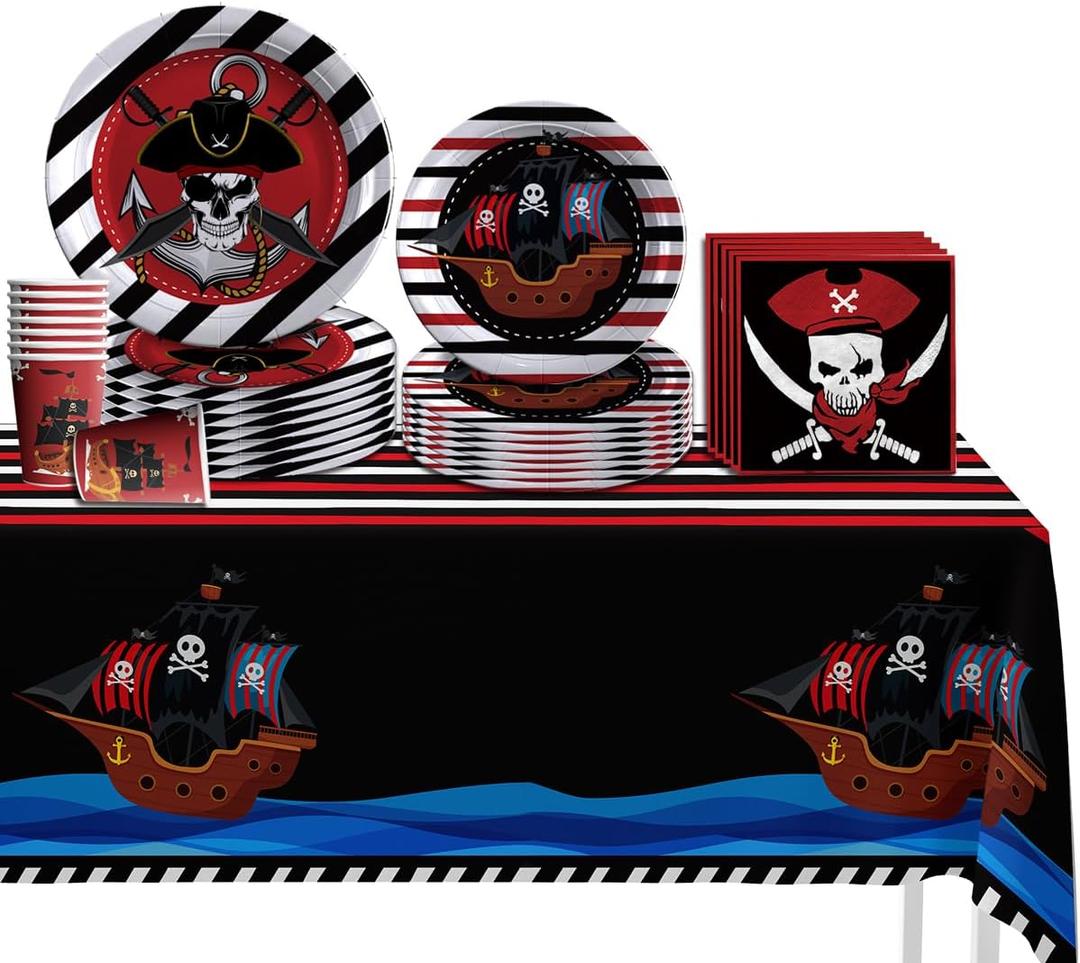 Birthday Party Decorations - Pirates Birthday Party Supplies 69cs, Included Pirates Theme Plates Cups Napkins Tablecloth Disposable Serves 10 Guests
