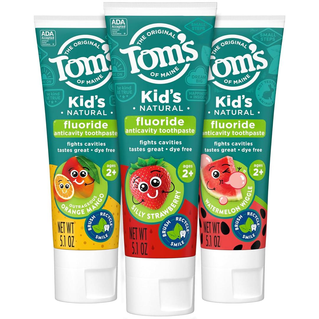Tom's of Maine Anticavity Kids Natural Toothpaste Variety Pack, Strawberry, Orange Mango, Watermelon Flavors, Kids Toothpaste with Fluoride, Safe for Ages 2 and Up, 5.1 oz (Pack of 3) Tom's of Maine Anticavity Kids Natural Toothpaste Variety Pack, Strawberry, Orange Mango, Watermelon Flavors, Kids Toothpaste with Fluoride, Safe for Ages 2 and Up, 5.1 oz (Pack of 3)