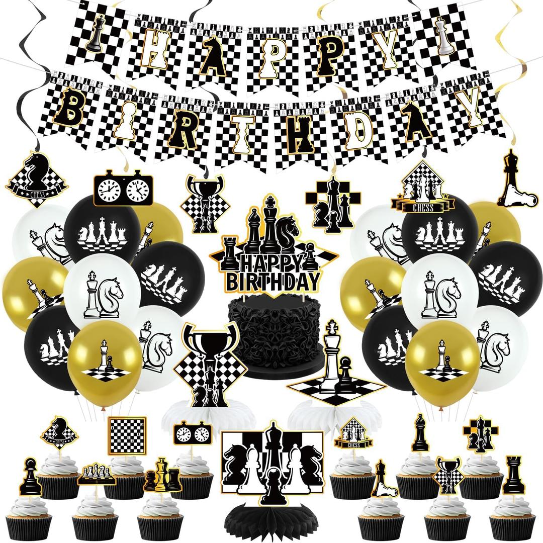 Chess Birthday Party Decorations - Chess Party Supplies including Happy Birthday Banner, Spirals, Cake Toppers, Table Centerpieces, Balloons (LQ)