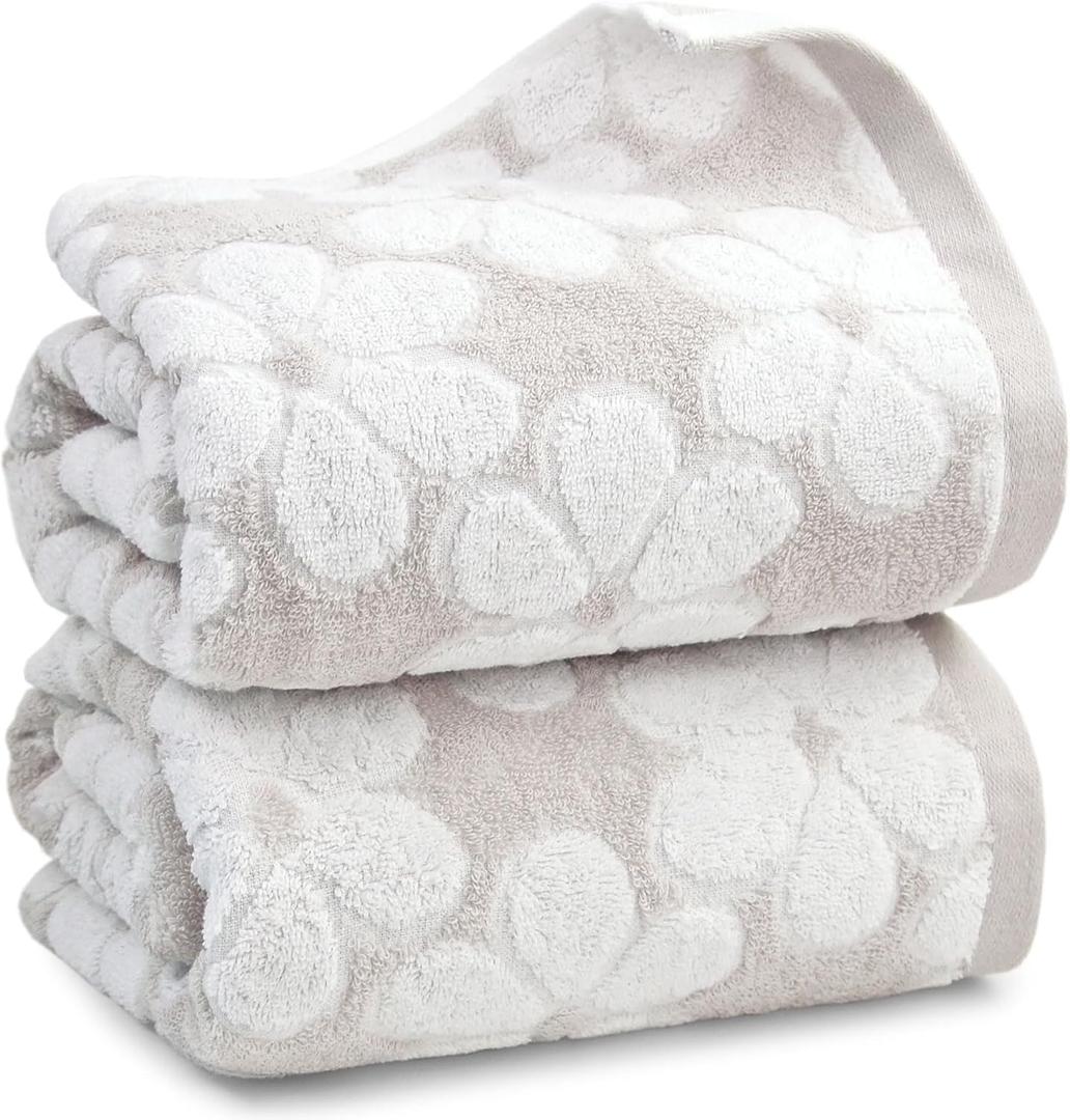 Jacquotha Soft Bath Towels 2 Pack, Super Absorbent Shower Towels 27.5x55 Inches, Cute Floral Jacquard Bathroom Set, Cotton, Light Beige