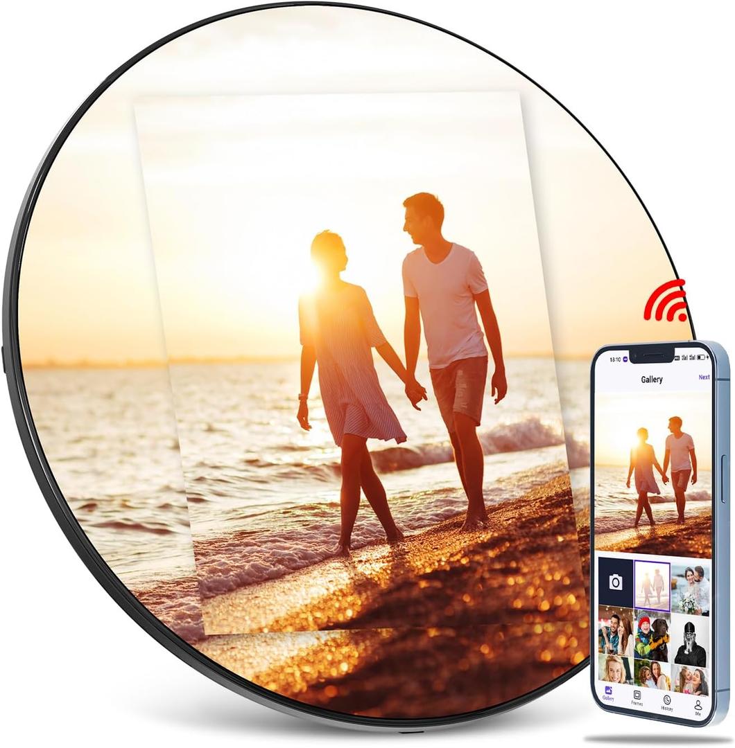 Digital Mirror Picture Frame, Touch Screen Smart WiFi Round Photo Frame Electronic, 32GB Storage, Share Photos and Video with App, Circle Vanity Mirror for Desk, Wall, Room Decor (10.1 Inch)