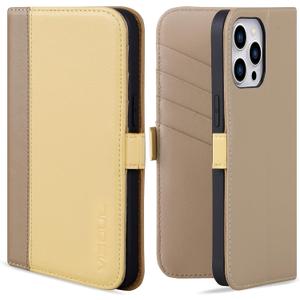 VISOUL Phone Case Wallet for iPhone 15 Pro Max, Genuine Leather Folio Case with Card Holder Magnetic Flaps Closure Designed for iPhone 15 Pro Max(6.7-inch)(Yellow+Apricot)
