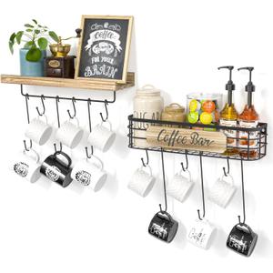 Floating Mug Racks 2 Pack - Wall Mounted Coffee Cup Holder with 12 Hooks, Mug Organizer for Kitchen, Farmhouse Coffee Bar Decor (Carbonized Black)