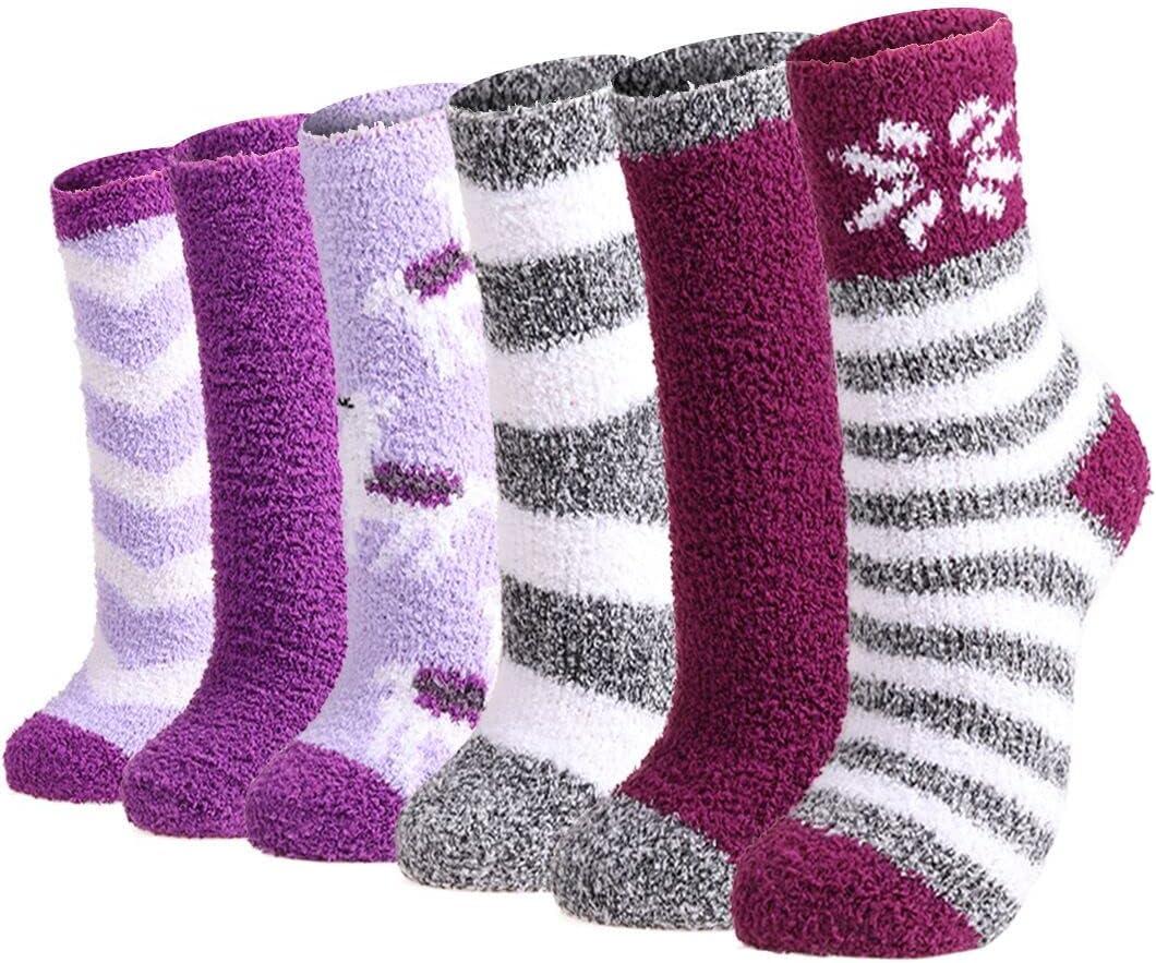 Plush Slipper Socks Women - Colorful Warm Fuzzy Crew Socks Cozy Soft for Winter Indoor (Purple)