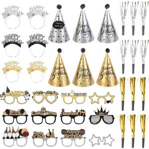 36 Pcs Black Golden Birthday Party Hats Set Includes 6 Party Cone Hats 6 Birthday Headband 12 Paper Glasses 12 Noise Makers Party Supplies for Photo Booth Props