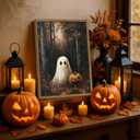 Framed Vintage Halloween Ghost Canvas Wall Art, Cute Ghost Pumpkin Wall Decor Paintings, Gothic Dark Academia Pictures Prints Spooky Fall Forest Home Decor for Living Room Bedroom 16x24 inch