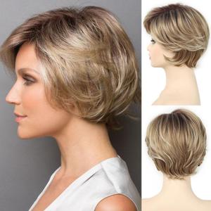 SEVENCOLORS Short Blonde Wigs for White Women Layered Wavy Pixie Cut Wig with Bangs Synthetic Hair Blond Highlights Wigs Natural Looking