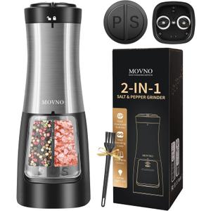 2 x MOVNO 2 in 1 Electric Salt and Pepper Grinder Set (Battery Powered), Automatic Salt and Pepper Grinder, One-Handed Operation, Adjustable Ceramic Grinder with LED Light