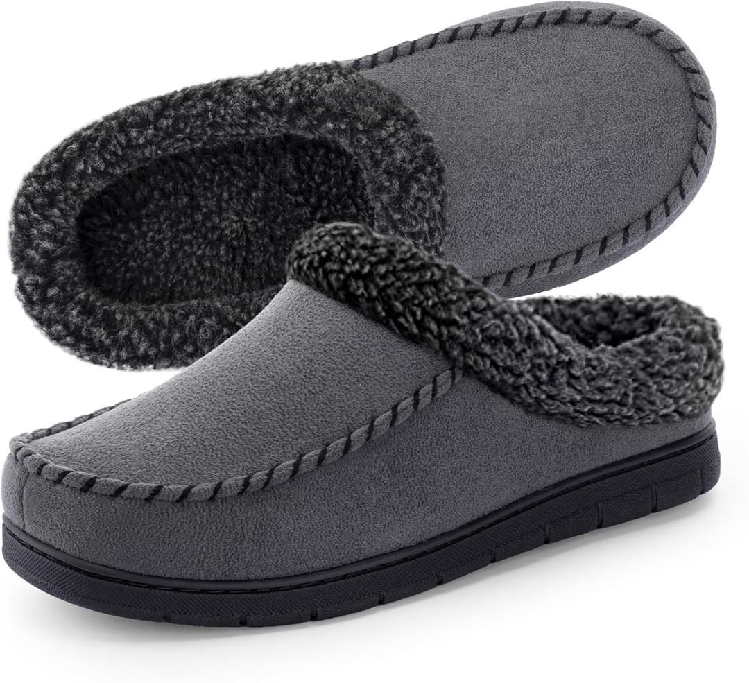 ULTRAIDEAS Men's Warm Fuzzy Moccasin Clog Slipper, Slip on Winter Comfy Indoor/Outdoor House Shoes (9-10, Dark Grey)