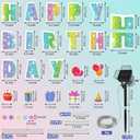 25 Pcs Extra Large 19.7 Inch Happy Birthday Yard Signs with Solar LED Light Glitter Pastel Rainbow Birthday Lawn Signs with Metal Stakes Waterproof Outdoor Decorations for Garden Party