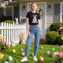 Women's Easter Shirts: Bunny Eggs Pattern Casual Round Neck Short Sleeve T-Shirt (L)