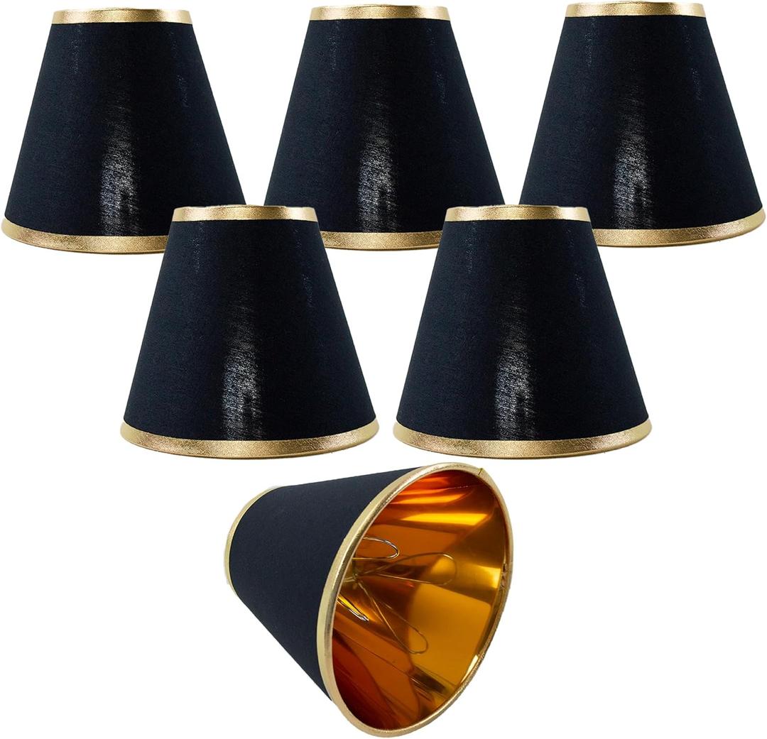 Small Lamp Shade Chandelier Shades Set of 6Fabric Lampshade for Wall LampChandelier ShadesSmall Table LampsFor Cutting Edge Bulbs, Clip-on Fitter Lampshade3" X 6" X 5" (Black and gold Phnom Penh)