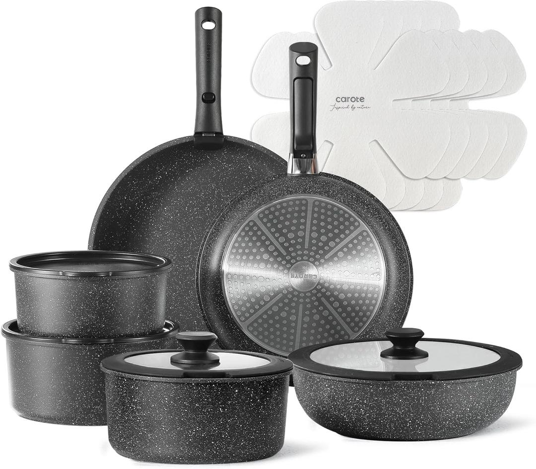 CAROTE 17pcs Pots and Pans Set Non Stick, Nonstick Cookware Set with Removable Handle,RV Kitchen Set, Detachable Cookware Set, Oven Use, Camping Use, Midnight Black (17 pcs Granite Set, Ebony black)