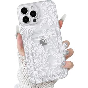 2 x NITITOP Compatible with iPhone 13 Pro Case with Card Holder Clear Cute Line Rose Floral Flowers for Women Girls Soft TPU Wallet Shockproof Protective Cover - White