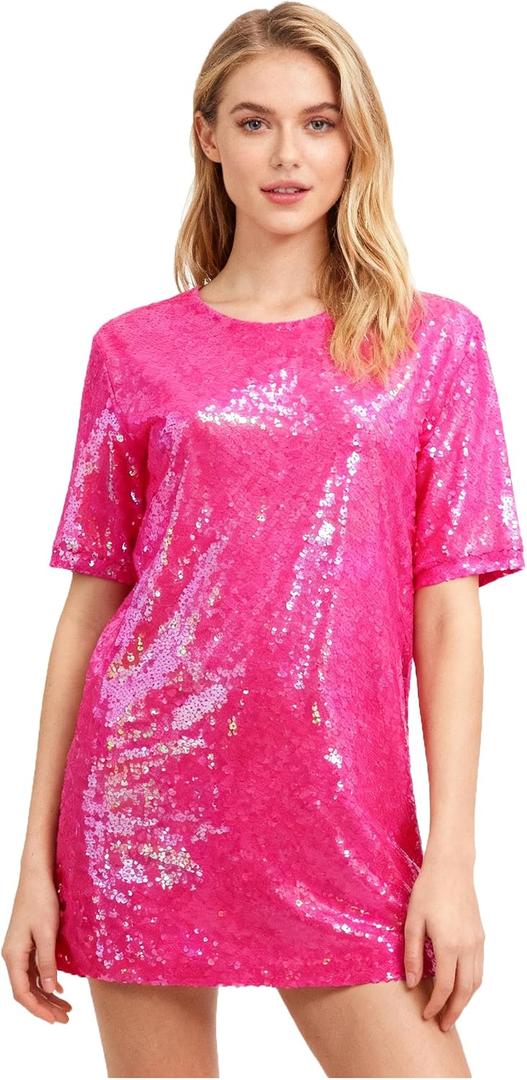 Womens Sequin Mini Dress Super Star Glitter Costume Sparkly T-shirt Concert Tour Disco Party Halloween Outfit Rose 2XL