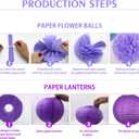 KAXIXI Hanging Party pom pom Set, 15pcs Purple Gold Paper Flowers Pom Poms Balls and Paper Lanterns for Wedding Birthday Bridal Baby Shower Graduation, LanternPomPom010