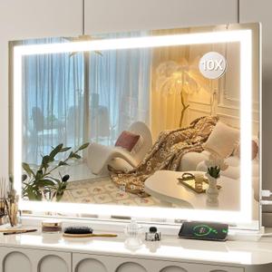 FENNIO Vanity Mirror with Lights 32"x22", Lighted Makeup Mirror, Large Vanity Mirror, Touch Sensor with 3-Color Lighting, USB Charging Port for Vanity DeskSquare White