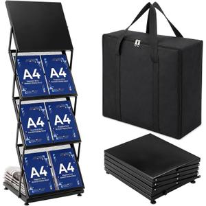 AmazingSpark Brochure Display Stand Foldable Magazine Rack Portable Double A4 Size Literature Brochure Holder Magazine Rack Metal 10 Pockets with Carrying Bag for Trade Show Exhibition Office (4-tier)