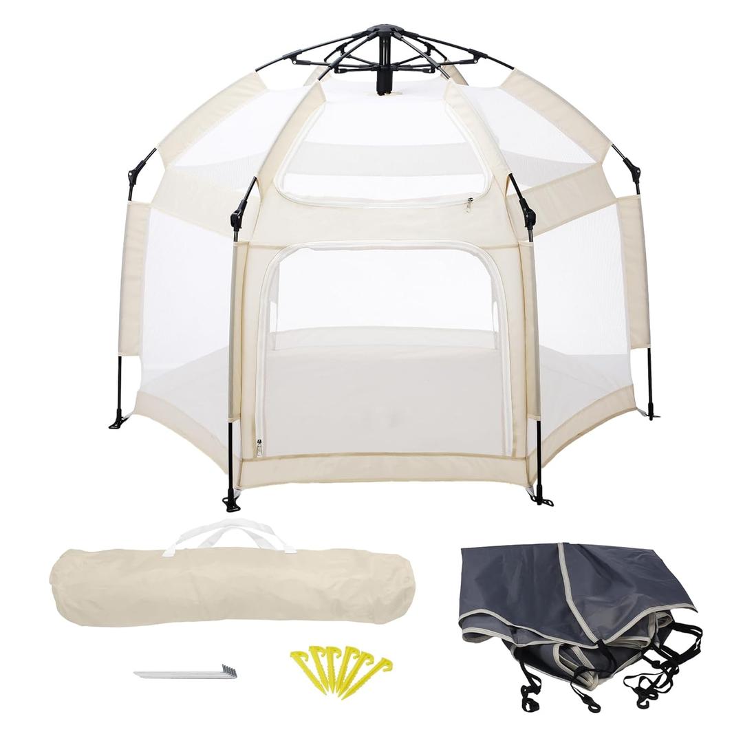 Baby Playpen, Portable Baby Playpen with UPF50+ Canopy, 1-Second Setup, Foldable Play Yard for Indoor/ Outdoor Use, Kids Tent for Beach Camping Travel - Includes Travel Bag & Safety Stakes(Beige)