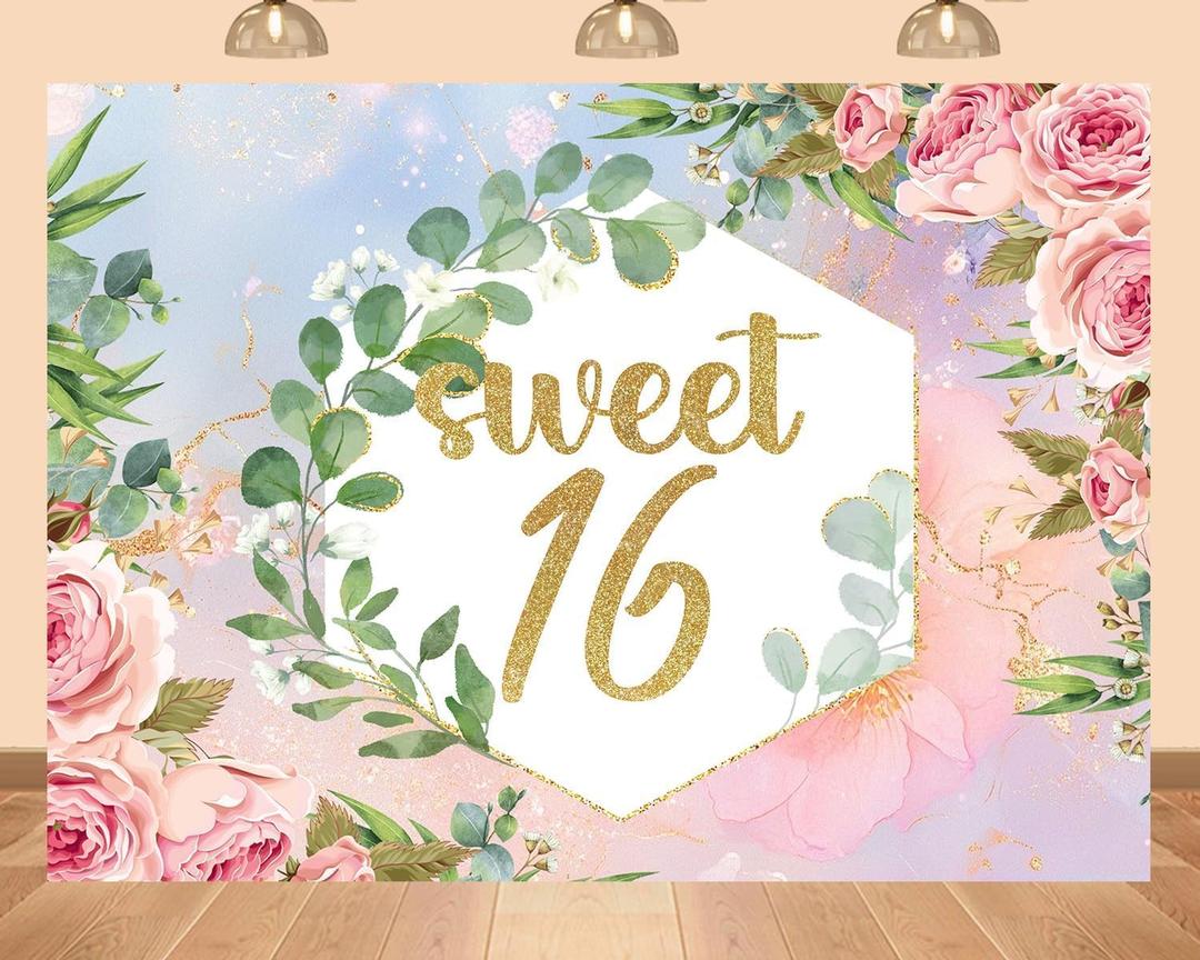 7x5ft Sweet 16 Photography Backdrop Pink Roses Green Leaves Gold Glitter Letters for Girls Birthday Party Graduation Bridal Shower Decoration Backgrounds