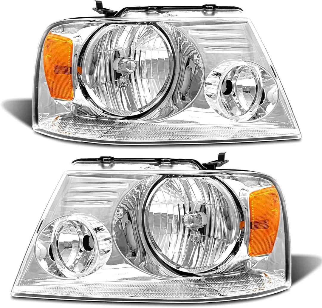 for 2004 2005 2006 2007 2008 F150 Headlight Assembly Compatible with 2004-2008 Ford F150 Pickup/ 2006-2008 Lincoln Mark LT Clear Lens Chrome Housing Amber Reflector Headlamp Replacement